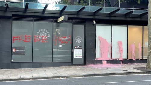 The US Consulate building in North Sydney was defaced with 'Free Gaza' graffiti and other paint.