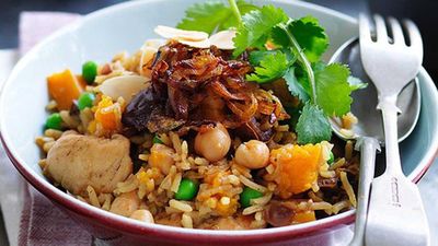 Moroccan chickpea and basmati rice chicken pilaf