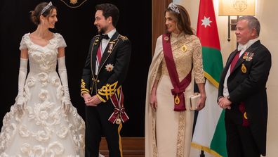 King Abdullah of Jordan, Queen Rania of Jordan, Crown Prince Hussein of Jordan, Princess Rajwa of Jordan, and Alseif family welcome guests at wedding reception