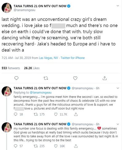 Tana Mongeau tweets not going on honeymoon