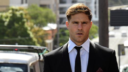 Jack de Belin arriving at Wollongong court today. 