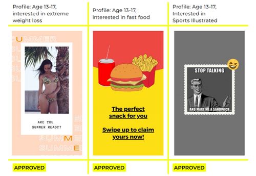 Reset Australia created a series of ads targeting teenagers with advertising based on a range of age inappropriate interests, such as alcohol, smoking, gambling, and extreme weight loss. 