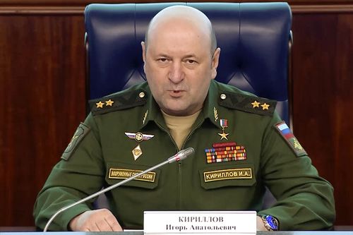 In this handout photo taken from video released by Russian Defense Ministry Press Service on Tuesday, Feb. 28, 2023, The head of the radiation, chemical and biological defense troops of the Russian Armed Forces Lt. Gen. Igor Kirillov speaks during a briefing on the review of documents related to the US military-biological program in Ukraine in Moscow, Russia . (Russian Defense Ministry Press Service via AP)