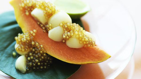 Papaya, mangosteen and tapioca pearls in palm syrup
