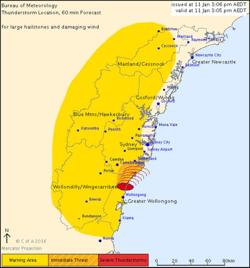 Severe thunderstorm warning issued for parts of Sydney and Wollongong with possibility of large hail and damaging wind
