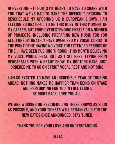 Delta Goodrem announces she will have to postpone UK and Europe dates on her upcoming Innocent Eyes tour due to overextending her vocal cords.