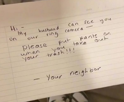 neighbour note about pants while taking out rubbish