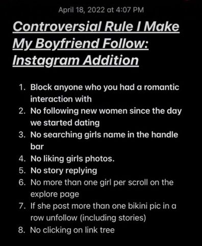 Woman list of rules for boyfriend on social media
