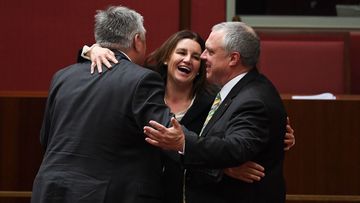 (From left) Centre Alliance Senators Rex Patrick, Independent Senator Jacqui Lambie and Centre Alliance Senator Stirling Griff react after the passing of the Government's income tax package plan in the Senate at Parliament House in Canberra