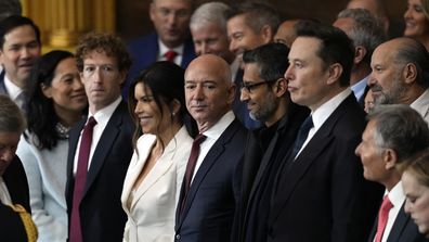 Guests including Mark Zuckerberg, Jeff Bezos, Sundar Pichai and Elon Musk, arrive before the 60th Presidential Inauguration in the Rotunda of the U.S. Capitol in Washington, Monday, Jan. 20, 2025. (AP Photo/Julia Demaree Nikhinson, Pool)