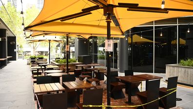  Empty outside dining tables in Southbank Melbourne.