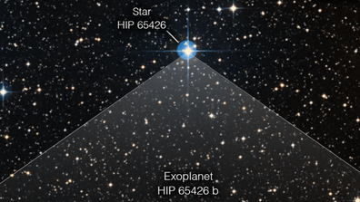 Newest NASA image shows the exoplanet HIP 65426 b in different bands of infrared light, as seen from the James Webb Space Telescope: purple shows the NIRCam instrument's view at 3.00 micrometres, blue shows the NIRCam instrument's view at 4.44 micrometres, yellow shows the MIRI instrument's view at 11.4 micrometres, and red shows the MIRI instrument's view at 15.5 micrometres.