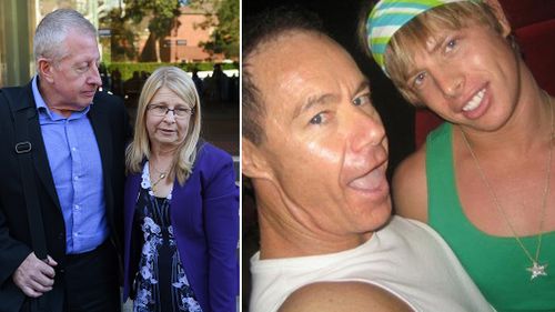 Faye and Mark Leveson (left) outside Glebe Coroner's Court, hoping to find out what happened to son Matthew, pictured with Michael Peter Atkins. (AAP)