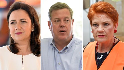 Incumbent Annastacia Palaszczuk, One Nation leader Pauline Hanson, and Opposition Leader Tim Nicholls. (AAP)