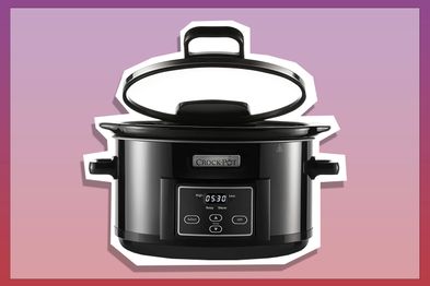 9PR: Crock-Pot Digital Slow Cooker with Hinged Lid on pink, red, and purple background.