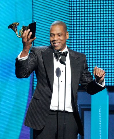 Rapper Jay-Z, winners of Best Rap/Sung Collaboration and Best Rap Performance, poses in the press room at the 55th Annual GRAMMY Awards at Staples Center on February 10, 2013 in Los Angeles, California
