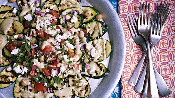 Anjum Anand's griddled courgette carpaccio with pistachio dressing
