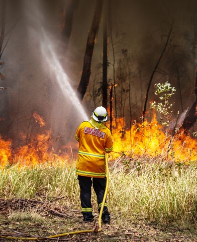 A New South Wales (NSW) Rural Fire Service volunteer douses a fire during back-burning operations in bushland near the town of Kulnura, New South Wales, Australia, on Thursday, Dec. 12, 2019. Photographer: David Gray/Bloomberg