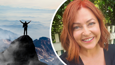 split image of Shelly Horton and man on top of mountain peak