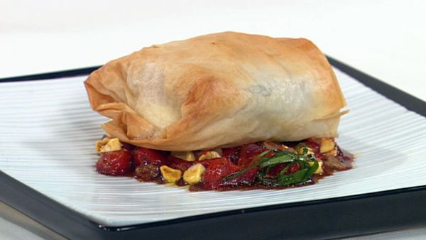 Filo and haloumi parcels with red capsicum and corn salsa
