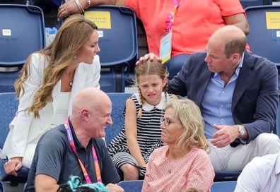 Catherine, Duchess of Cambridge, Princess Charlotte of Cambridge and Prince William, Duke of Cambridge watching a Hockey match between England and India at the University of Birmingham, Selly Oak during the 2022 Commonwealth Games on August 02, 2022 in Birmingham, England.  