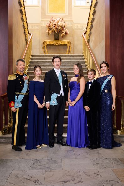 Crown Prince Frederik and Crown Princess Mary with their children Prince Christian, Princess Isabella, Princess Josephine and Prince Vincent on Sunday October 15 2023 inside Frederik VIII's Palace at Amalienborg in Copenhagen.