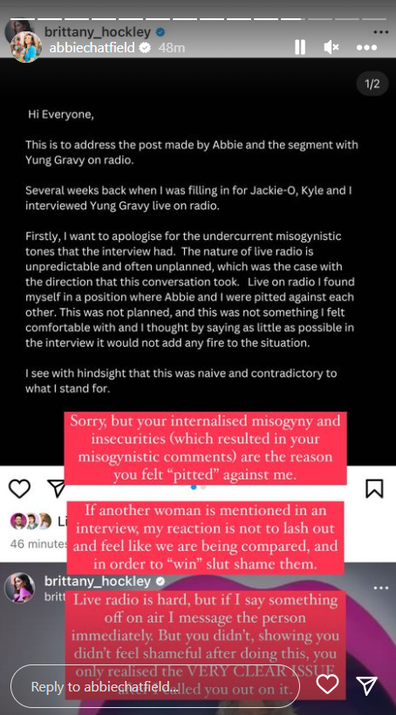 Abbie Chatfield responds to Brittany Hockley's apology after she and Kyle Sandilands "slut shamed" her on the Kyle and Jackie O Show.