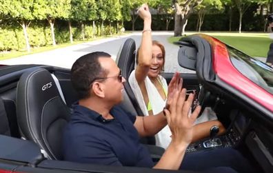 Alex Rodriguez, Jennifer Lopez, driving, Porsche, birthday gift