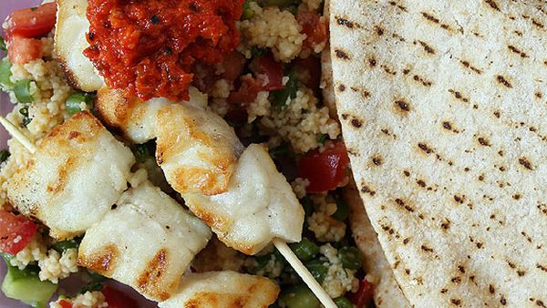 Fish kebabs with flat breads, quick tabbouleh and capsicum dip