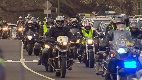 A 340-strong procession roared through Melbourne this morning, coming together at the Victoria Police Memorial. (9NEWS)