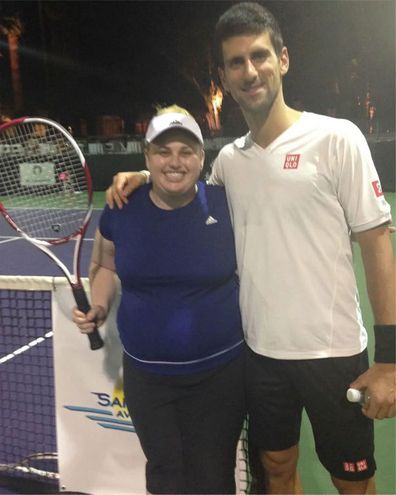 Rebel Wilson and Novak Djokovic at Desert Smash charity tournament 2014
