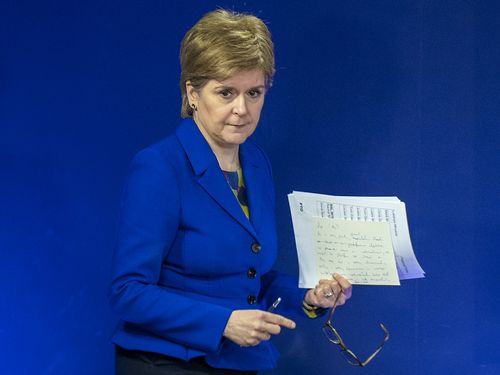 First Minister of Scotland Nicola Sturgeon prepares to answer questions on Scottish Government issues, during a press conference at St Andrews House on Monday February 6, 2023 in Edinburgh, Scotland.