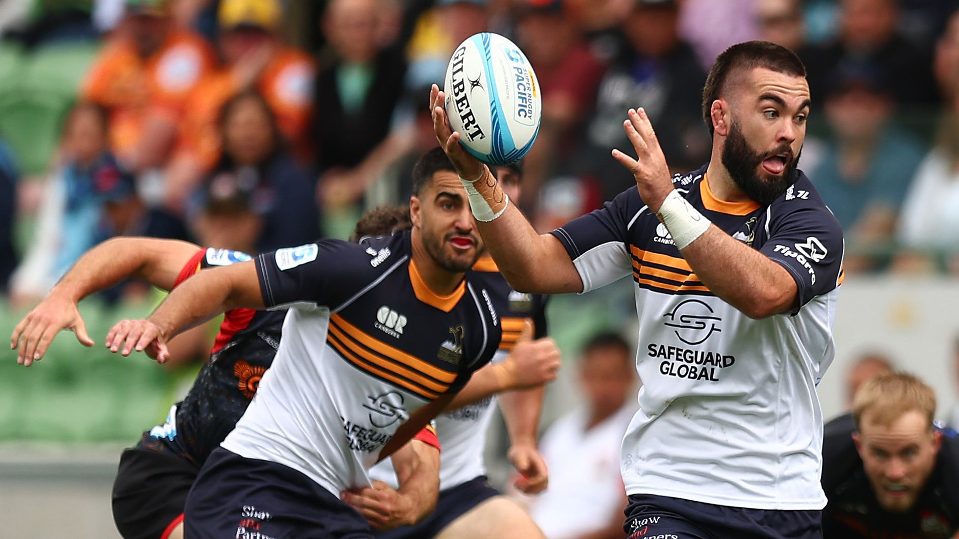 Luke Reimer of the Brumbies runs with the ball during the round two Super Rugby Pacific match.