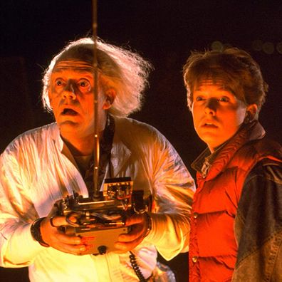 Christopher Lloyd as Dr. Emmett Brown and Michael J. Fox as Marty McFly in Back to the Future