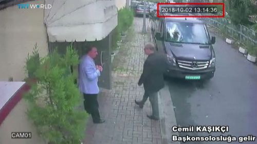 CCTV allegedly shows Saudi journalist Jamal Khashoggi (right) entering the Saudi consulate in Istanbul, Turkey, before he vanished.