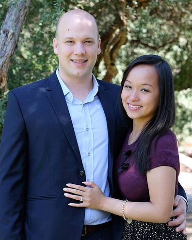 Liv Arnold with her husband Tim during their engagement photoshoot.