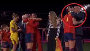 Spain midfielder Jenni Hermoso is kissed by Spanish football federation president Luis Rubiales.