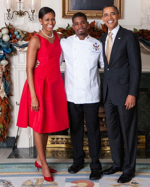 L-R: Michelle Obama, Former White House Chef Tafari Campell and Barack Obama