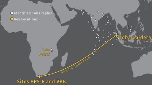 The shards at Pinnacle Point were carried nearly 9000 km from the source in Indonesia. (Image: Erich Fisher).