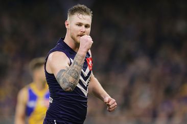 Cam McCarthy of the Dockers celebrates after scoring a goal during the 2019 AFL round 16 match between the Fremantle Dockers and the West Coast Eagles at the Optus Stadium on July 06, 2019 in Perth, Australia. (Photo by Will Russell/AFL Photos)