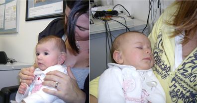 Sienna (left) and Isabella (right) at their first hearing aid fitting. 