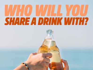 A picture of two people clinking beer bottles together with "Who will you share a drink with?" written above in bold orange font for BWS Summer campaign