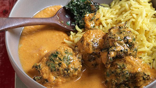 Anjum Anand's fluffy spinach koftas in a creamy tomato curry
