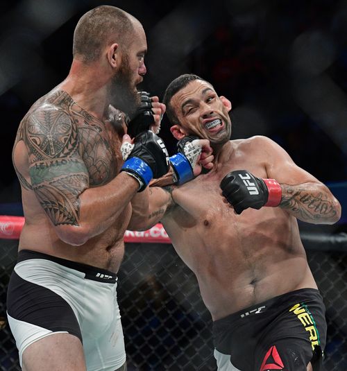 Travis Browne, left, punches Fabricio Werdum, from Brazil, during a heavyweight bout at UFC 203 in Cleveland last year. (AAP)