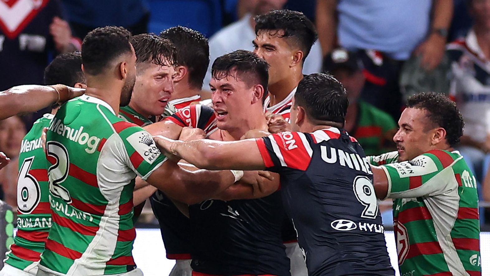 Joseph Manu of the Roosters scuffles with Cameron Murray of the Rabbitohs during the round three NRL match between Sydney Roosters and South Sydney Rabbitohs at Allianz Stadium on March 17, 2023 in Sydney, Australia. (Photo by Mark Kolbe/Getty Images)