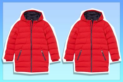 9PR: Kids' Raincoat in bright cherry red from Amazon brand Joules.