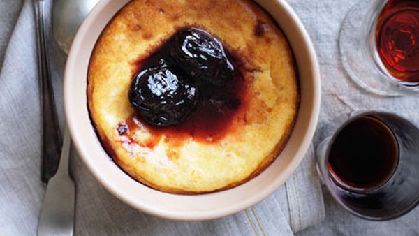 Ricotta and mascarpone puddings with spiced wine prunes