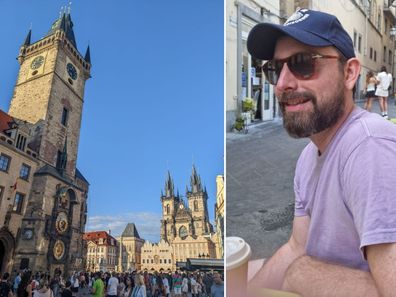 The Prague Astronomical clock and gothic towers.