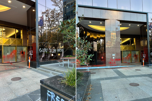 Pro-Palestine vandalism at the US Consulate in Melbourne.