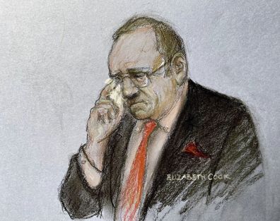 This court artist sketch by Elizabeth Cook shows actor Kevin Spacey appearing at Southwark Crown Court, London, Wednesday July 26, 2023.  
